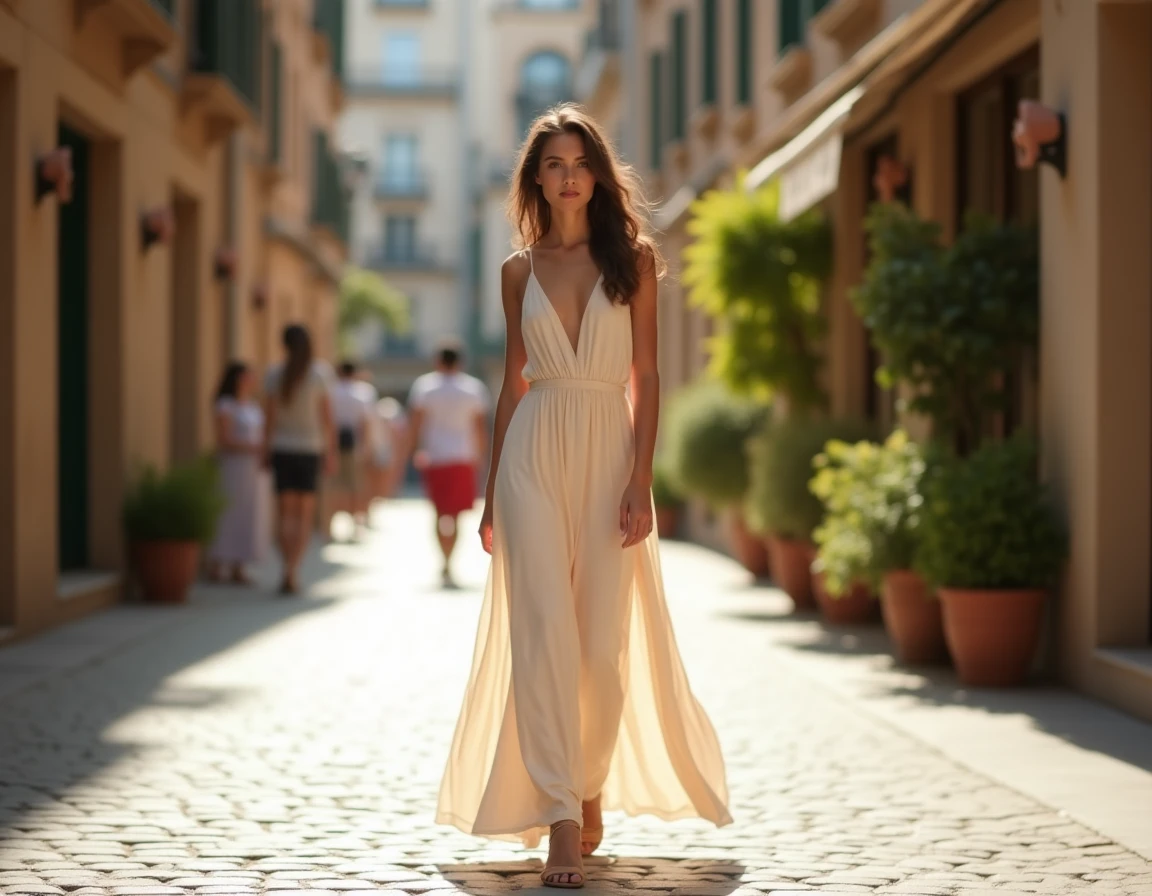 Femme petite en robe longue ivoire portant des sandales à talons bloc nude pour paraître plus grande dans une rue pavée