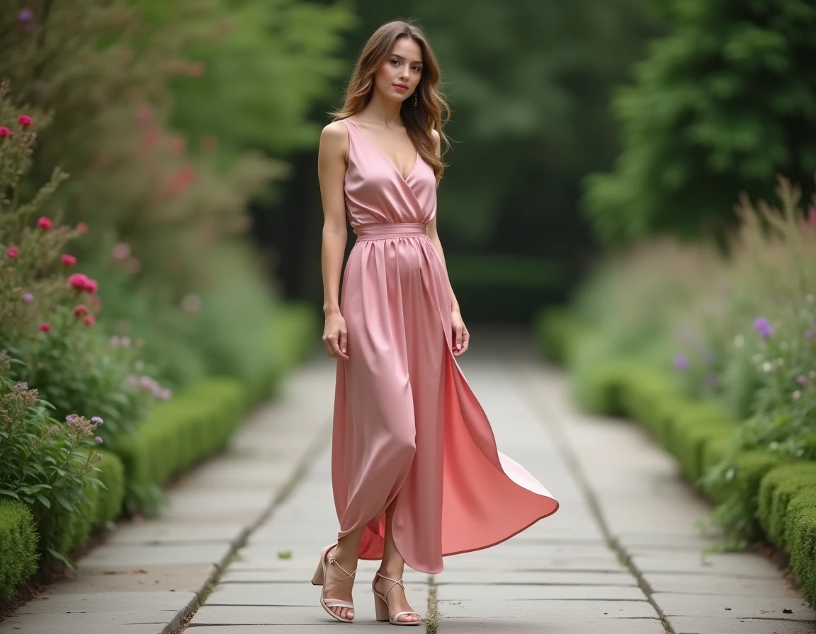 Femme petite en robe longue satin rose avec mules à talons assortis dans un jardin botanique pour un effet visuel allongeant