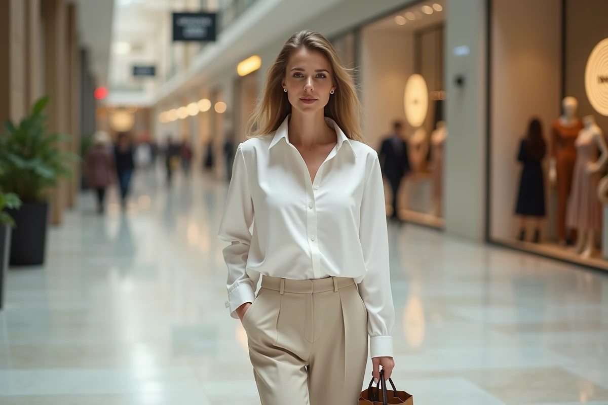 Femme élégante marchant dans un centre commercial moderne