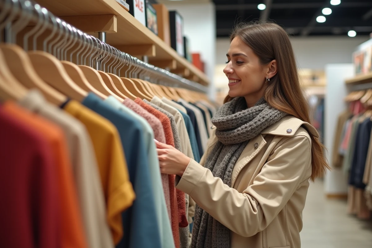 Femme souriante examine des blouses colorées en boutique