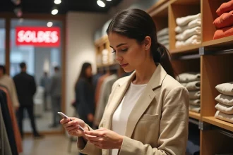 Femme examinant une étiquette de prix lors des soldes d'hiver dans une boutique parisienne