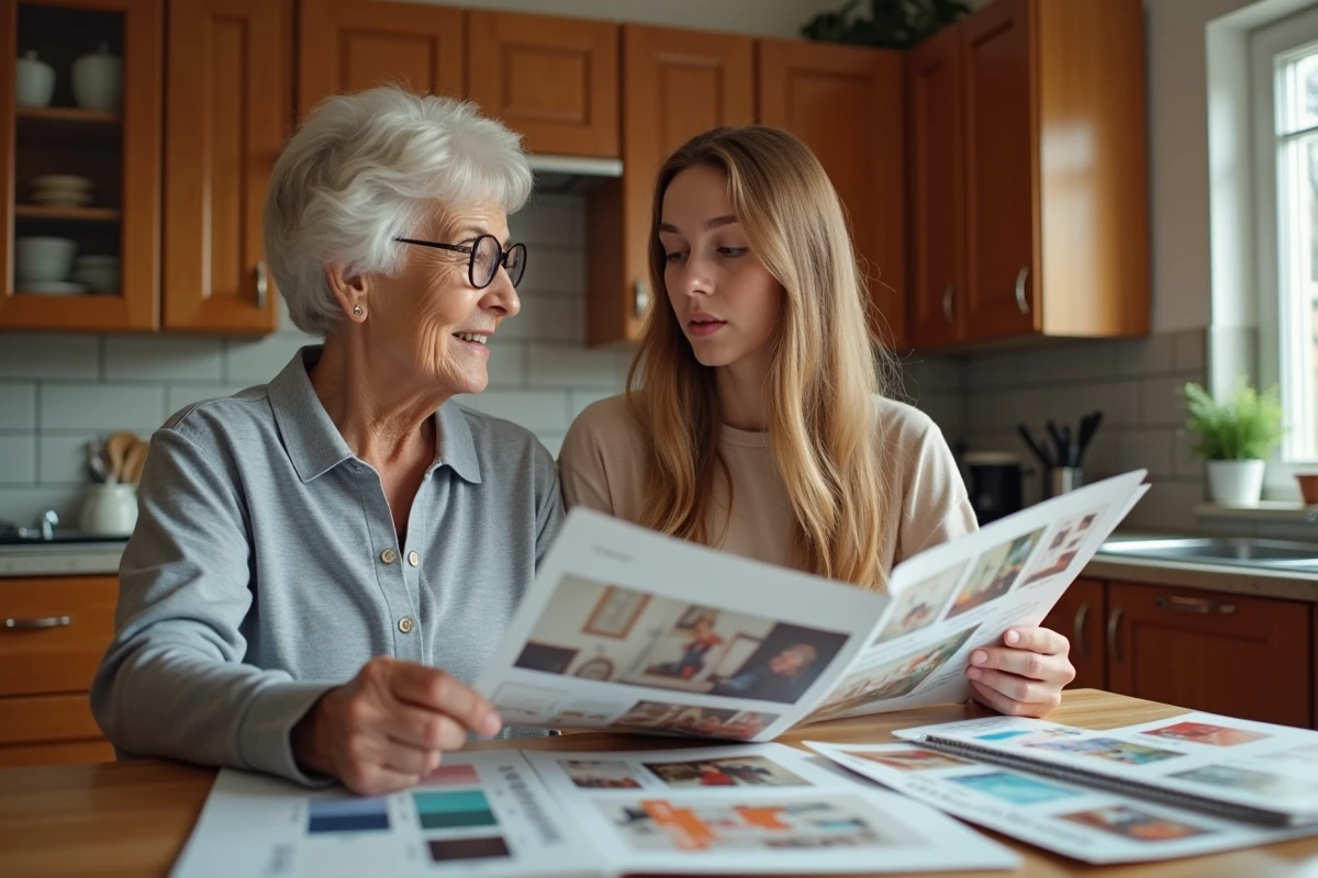Femme et adolescent regardant des magazines mode en cuisine