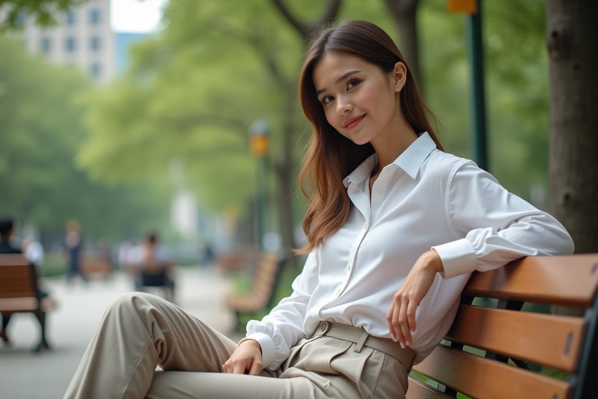 Femme en ville assise sur un banc dans un parc