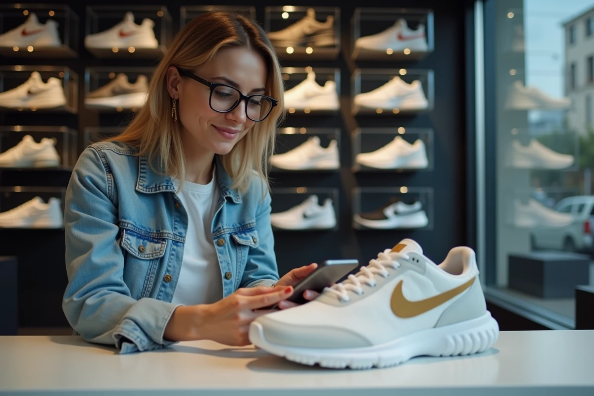 Femme comparant deux sneakers dans une boutique moderne
