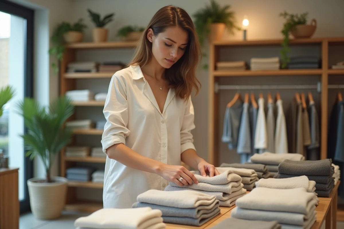 Jeune femme en tenue minimaliste dans une boutique écologique
