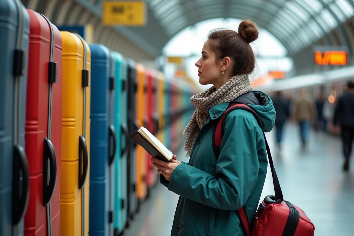 Jeune femme en voyage avec valises colorées et journal