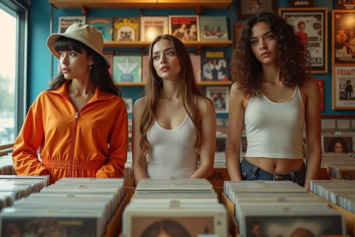 Trois femmes dans une boutique de disques vintage années 90