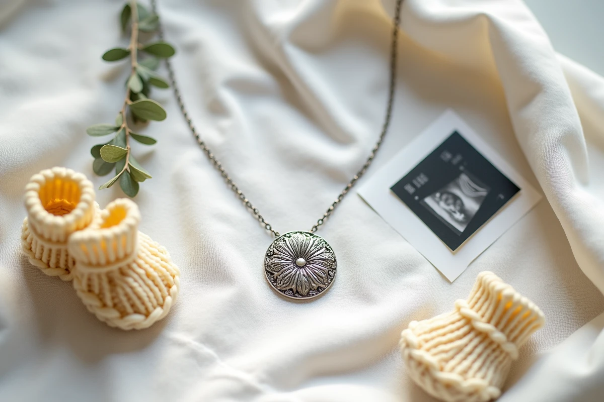 Flat lay artistique d'un bola de grossesse en argent gravé entouré d'une échographie, de chaussons bébé et d'eucalyptus séché sur tissu blanc