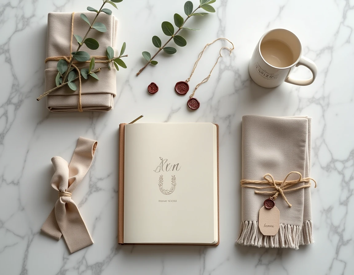 Flat lay de cadeaux personnalisés incluant carnet gravé, mug illustré et foulard avec prénom sur marbre gris