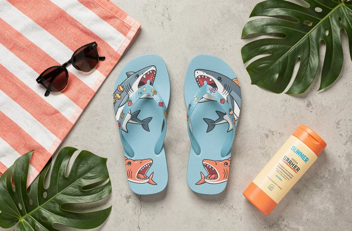 Flat lay estival avec des claquettes requin entourées d'accessoires de plage colorés sur fond béton