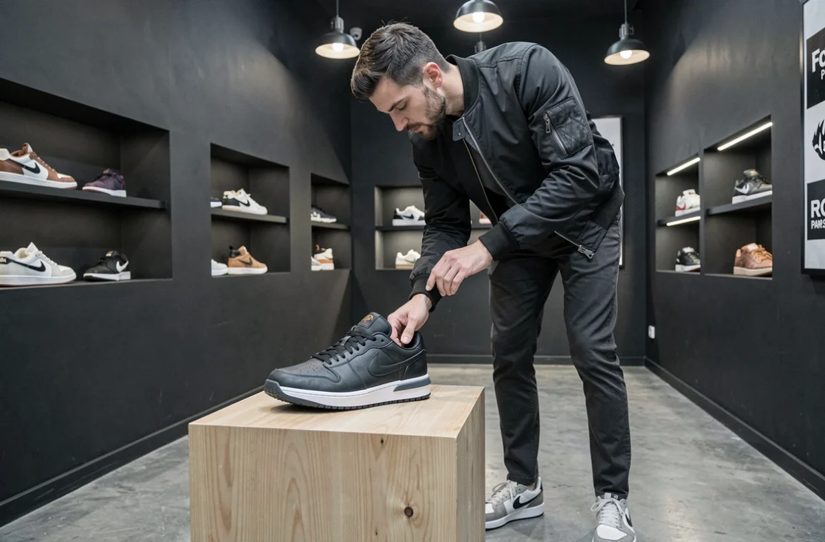 Un homme inspectant une paire de sneakers rares sur un socle dans la boutique Footpatrol Paris