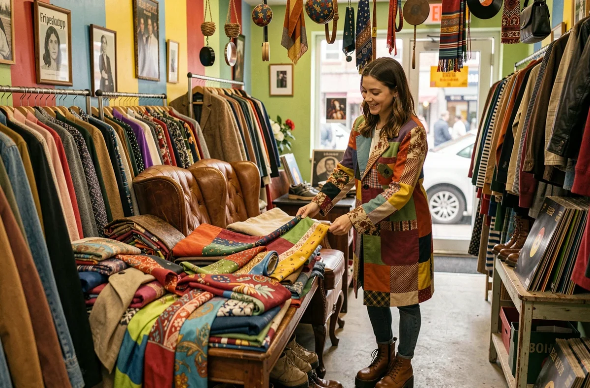 Intérieur coloré et excentrique de la boutique Fripesketchup à Lyon avec une jeune femme qui fouille parmi des foulards vintage et des vêtements de toutes les époques