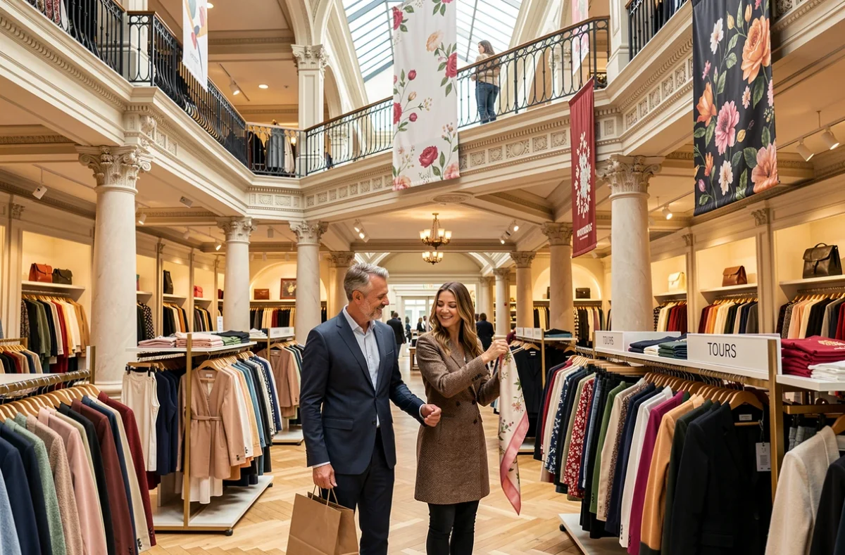 Couple faisant leurs achats aux Galeries Lafayette Tours dans le grand magasin du centre-ville aux balcons en fer forgé