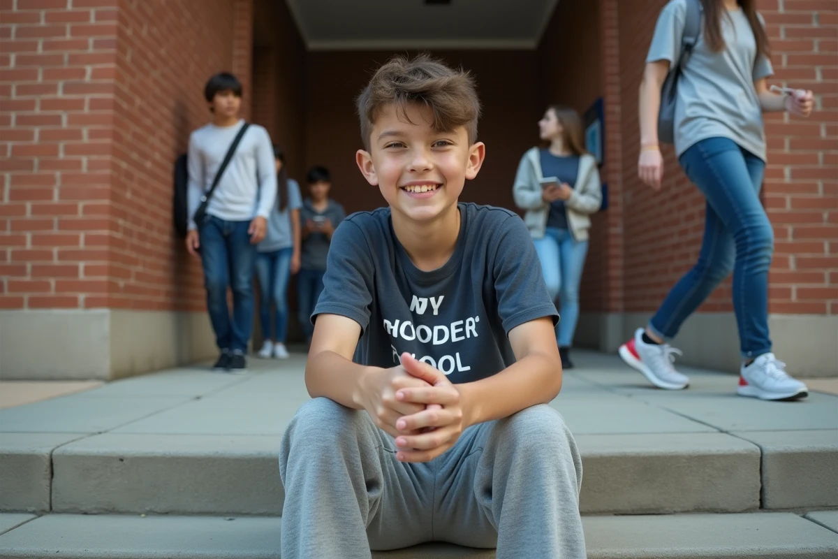 Garçon de 17 ans assis sur les marches devant l école