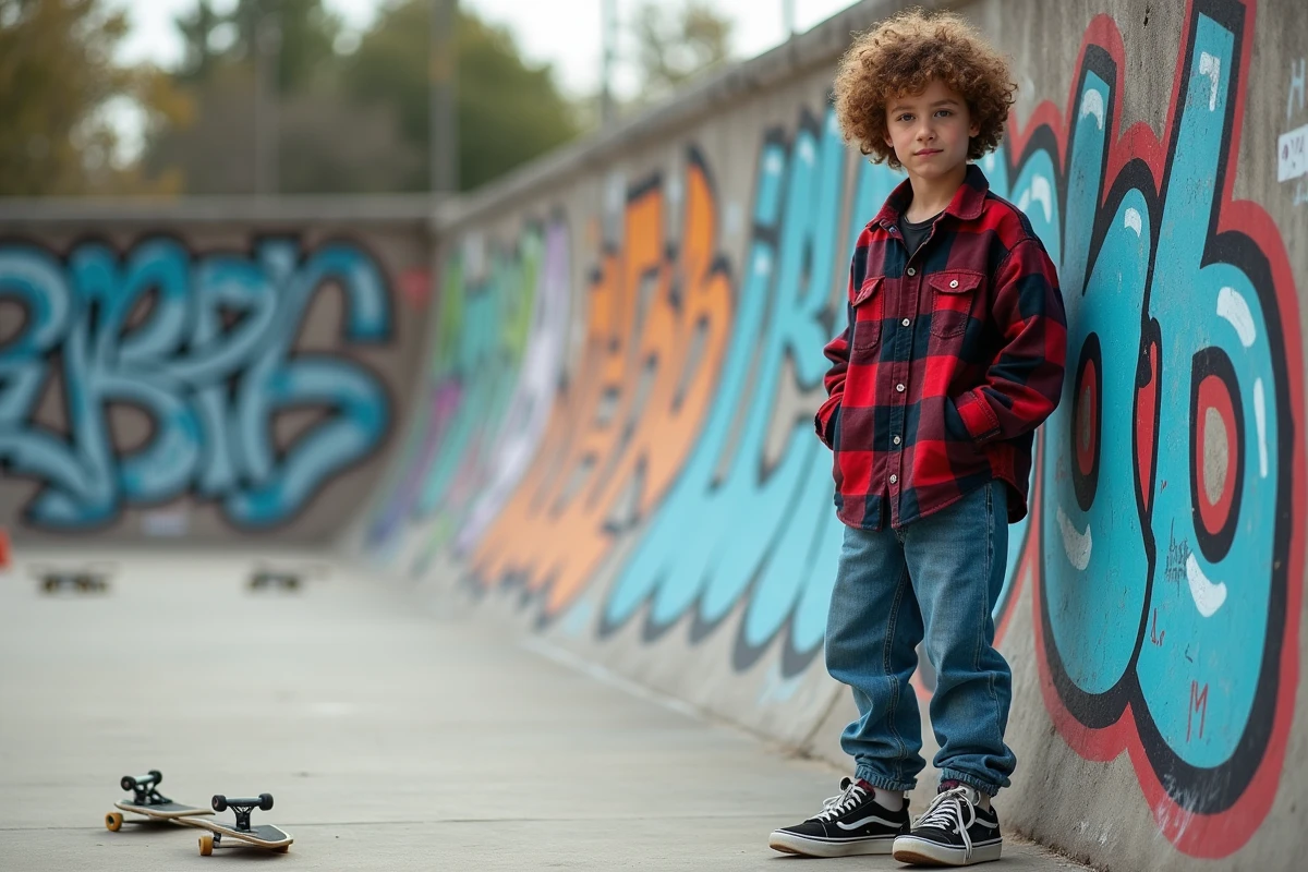 Jeune garçon en flanelle et jeans dans un skate park des années 90