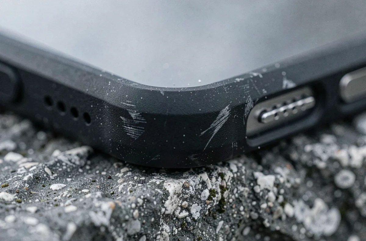 Gros plan sur le coin d'un iPhone 15 Pro protégé par une coque robuste noire posé sur une surface en pierre rugueuse