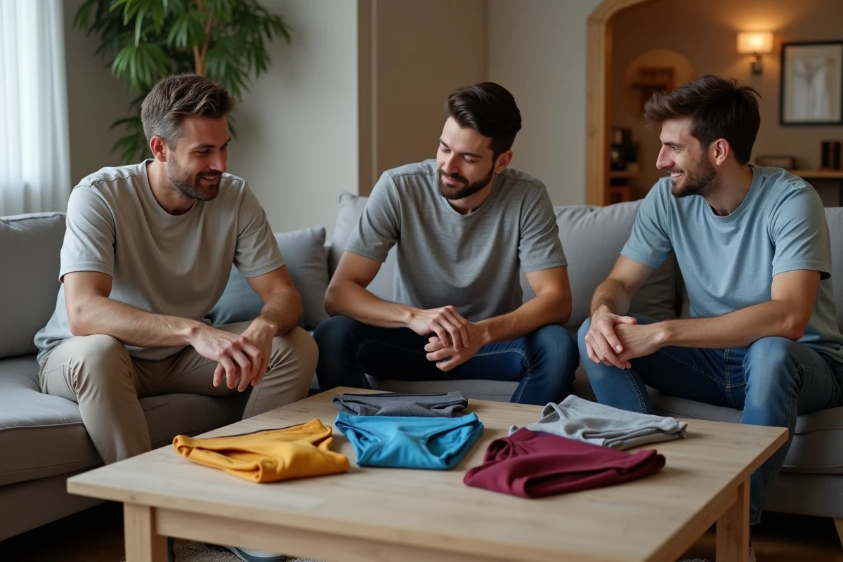 Groupe d'hommes regardant des sous-vêtements colorés dans un salon moderne