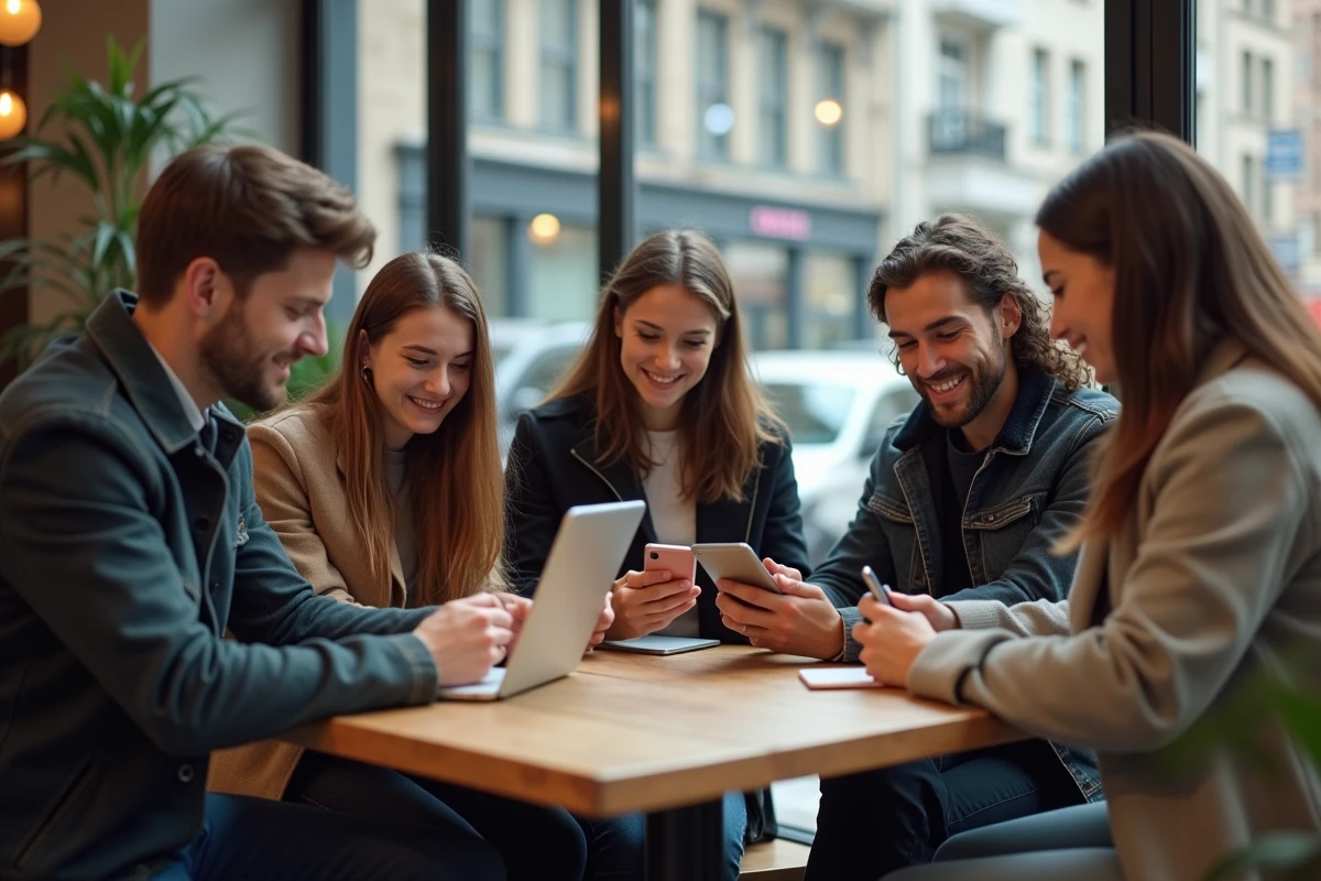 Groupe de jeunes adultes avec table numérique en ville