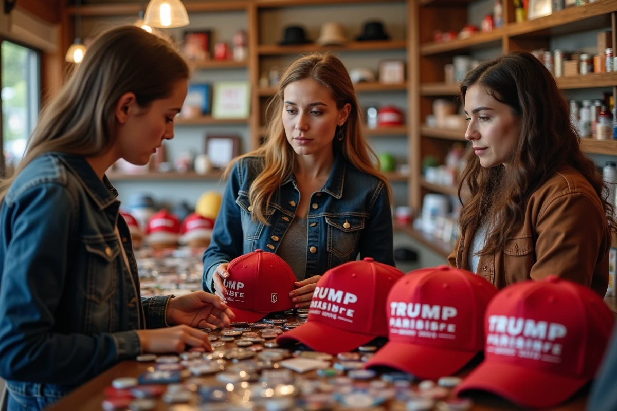 Groupe de personnes examinant des casquettes Trump MAGA dans une boutique de souvenirs politiques