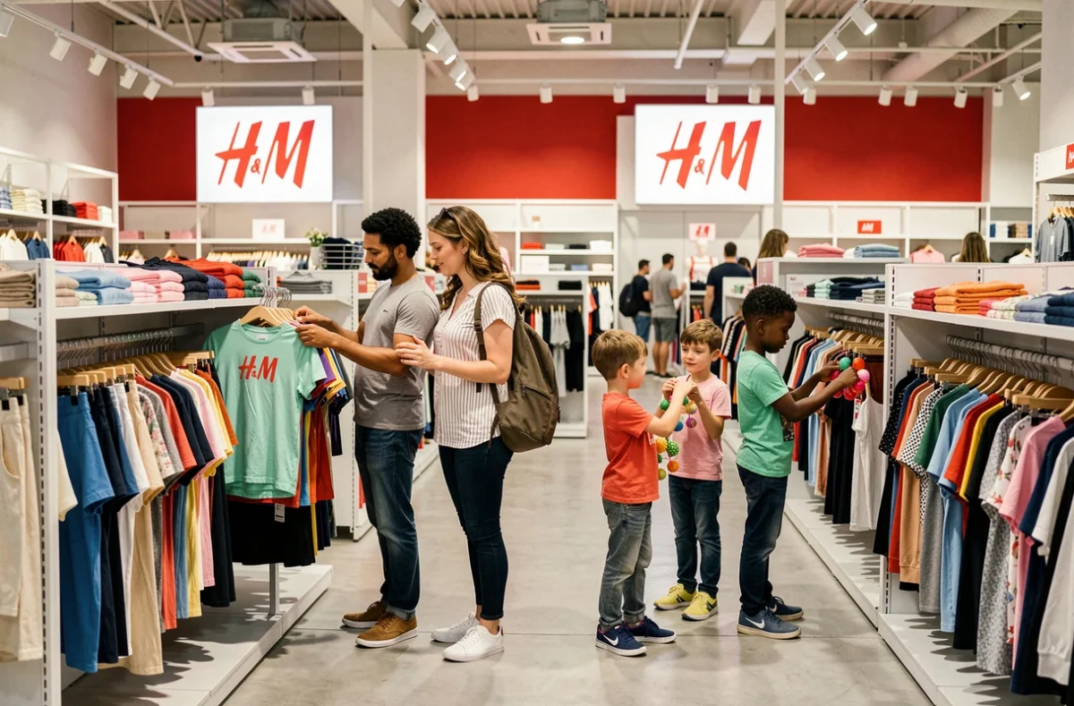 Famille faisant du shopping chez H&M Tours dans les rayons de prêt-à-porter accessible pour homme, femme et enfant
