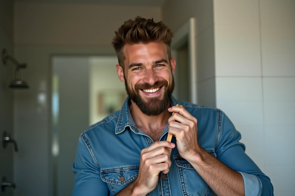 Homme barbu souriant en toilettant sa barbe dans la salle de bain