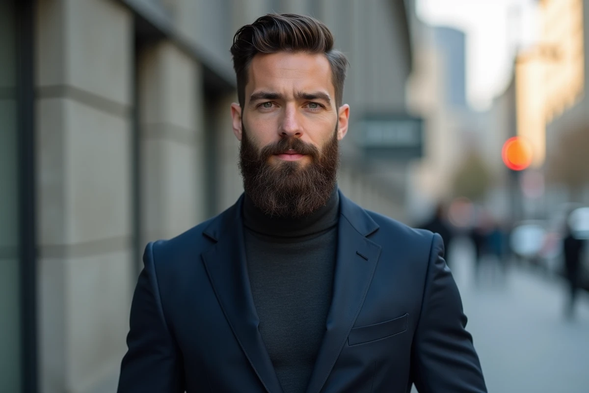 Homme élégant avec barbe dans un décor urbain moderne