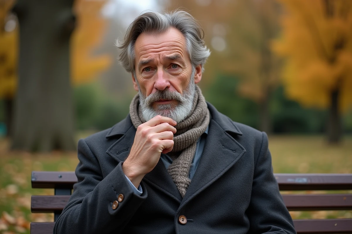 Homme mature en manteau dans un parc automnal contemplant sa barbe