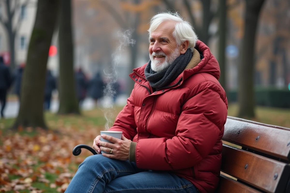 Homme assis dans un parc urbain en hiver avec une tasse chaude