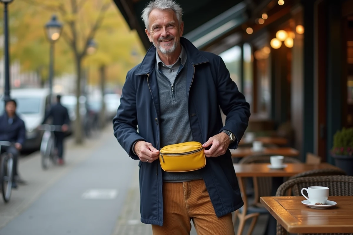 Homme ajustant sac banane minimaliste au café en plein air