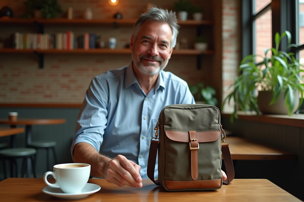 Homme assis au café posant son sac sur la table
