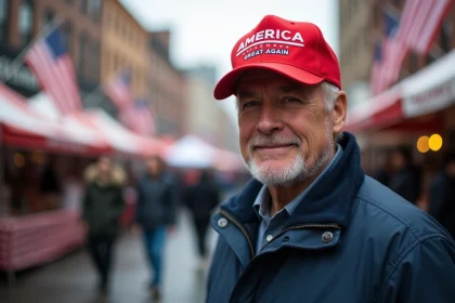 Homme portant une casquette rouge Trump MAGA dans un marché urbain animé en 2026