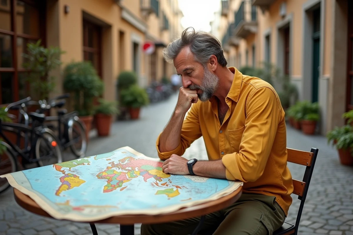 Homme regardant une carte du monde dans un café en plein air