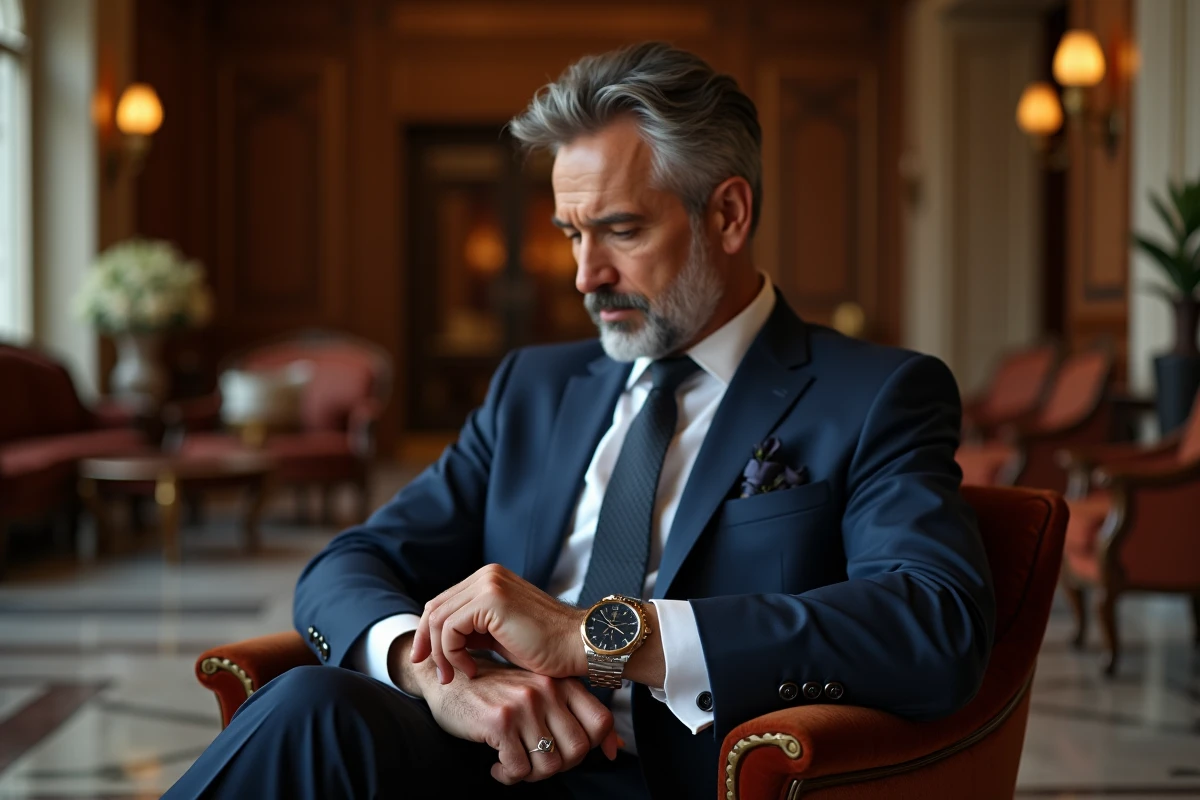 Homme d affaires ajustant sa montre dans un lobby élégant