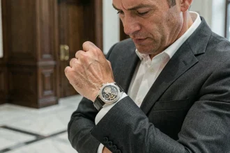 Homme en costume examinant de près une montre de luxe ultra-compliquée à cadran squelette dans une salle de vente aux enchères