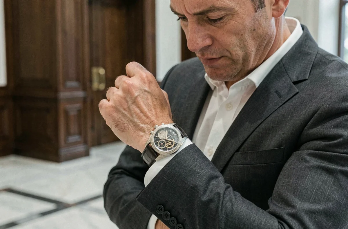 Homme en costume examinant de près une montre de luxe ultra-compliquée à cadran squelette dans une salle de vente aux enchères