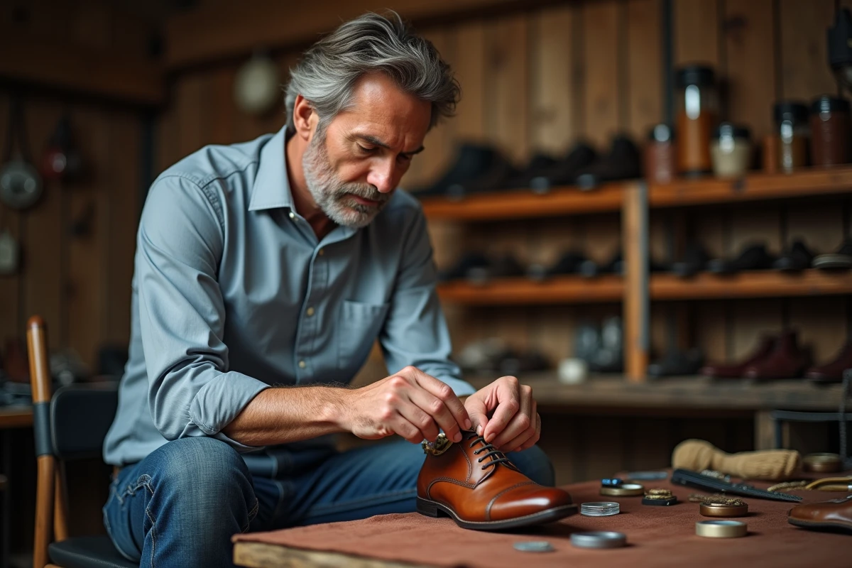 Homme appliquant cirage sur une chaussure en cuir marron