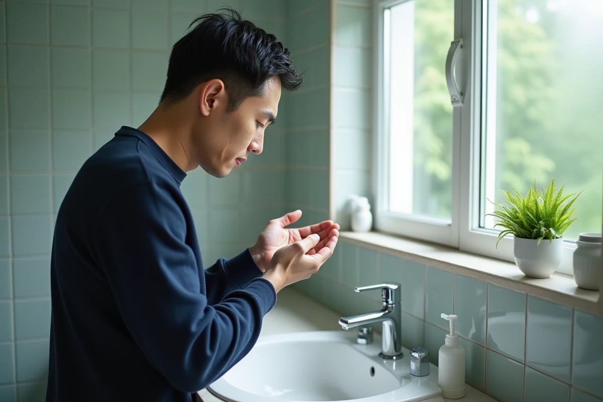 Homme coréen appliquant une essence dans sa salle de bain lumineuse