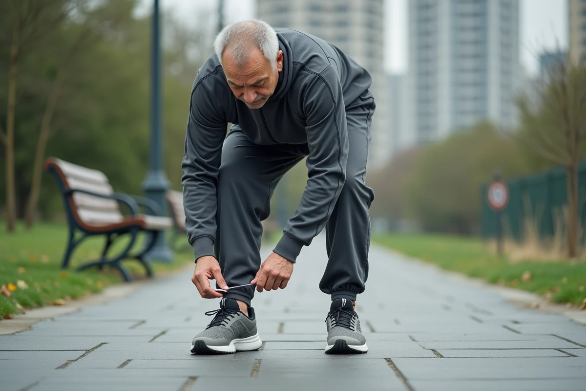 Homme âgé attachant ses chaussures de sport en extérieur