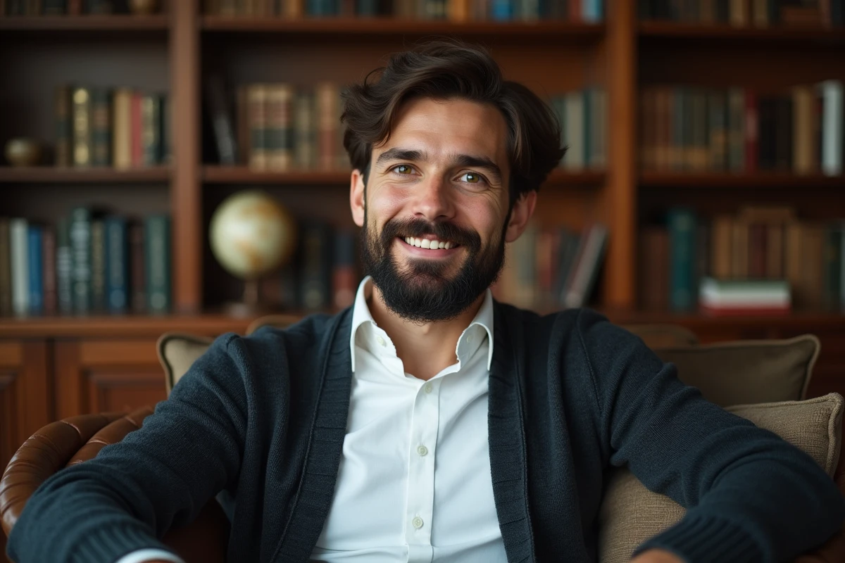 Homme barbu en intérieur dans une bibliothèque chaleureuse