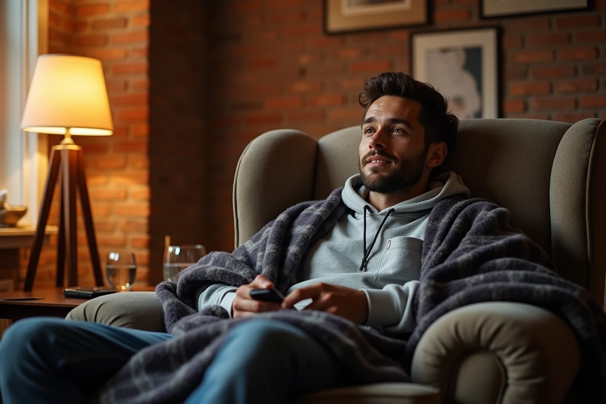 Homme seul en team pilou pilou adulte gris enveloppé dans un grand plaid fausse fourrure XXL dans un fauteuil pour regarder des séries