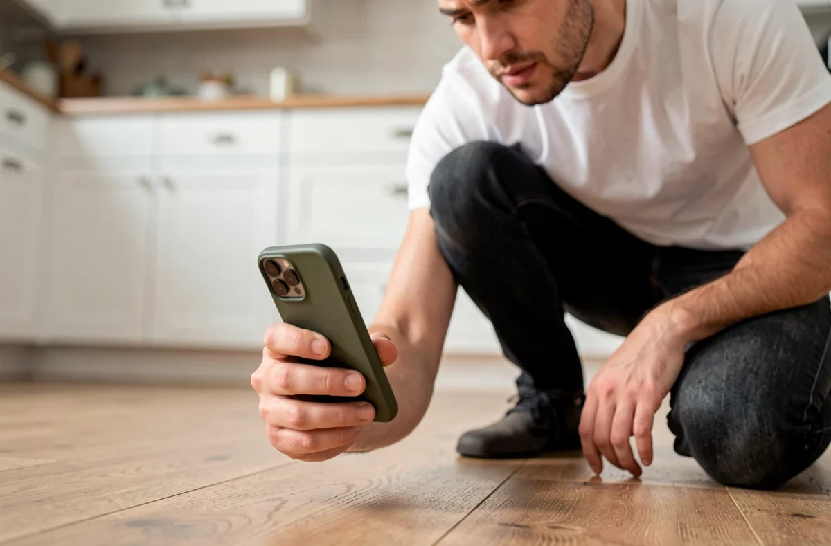 Homme ramassant son iPhone 15 Pro avec coque de protection tombé sur un parquet en bois dans une cuisine