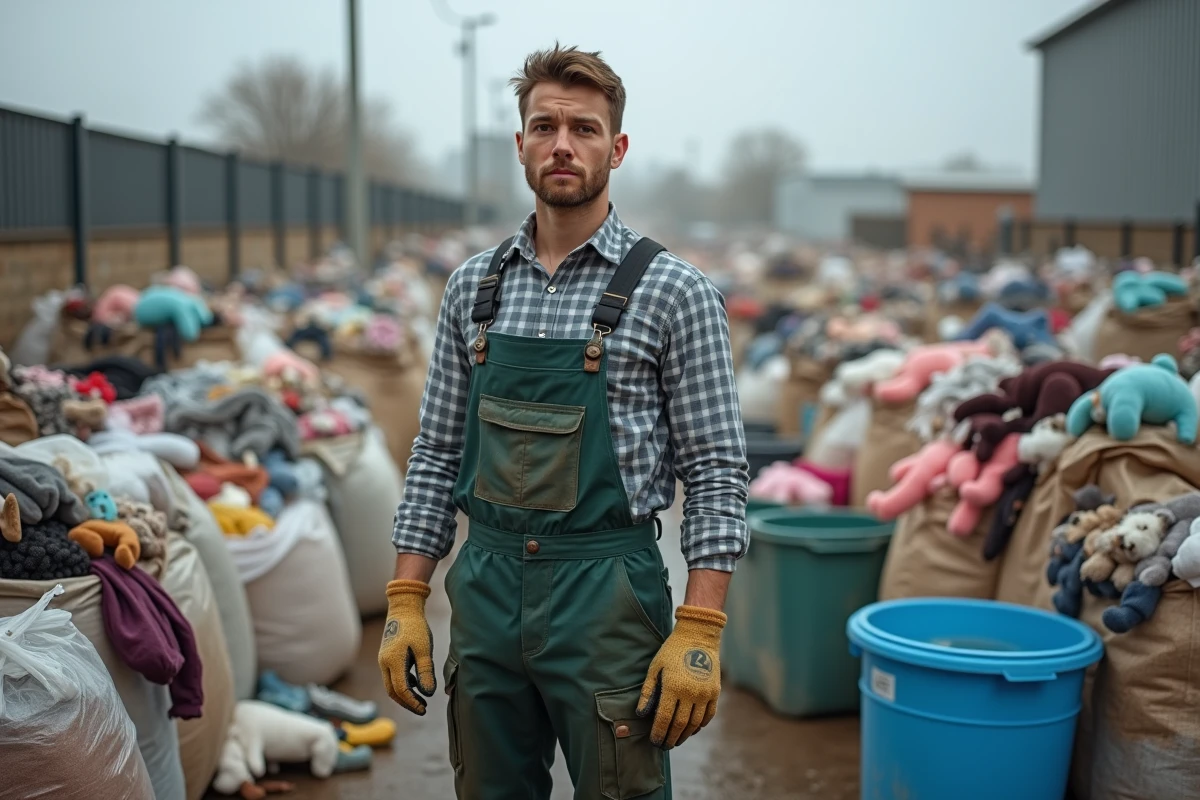 Jeune homme en extérieur surveillant des textiles à recycler
