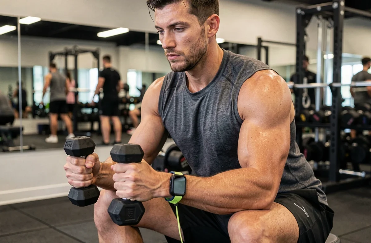 Homme à la salle de sport avec un bracelet porte-téléphone sportif au poignet pendant un entraînement aux haltères