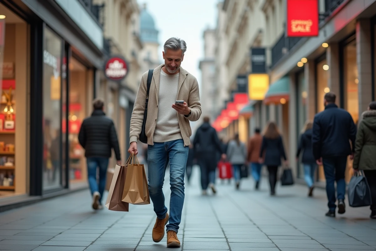 Homme avec sacs à la sortie d