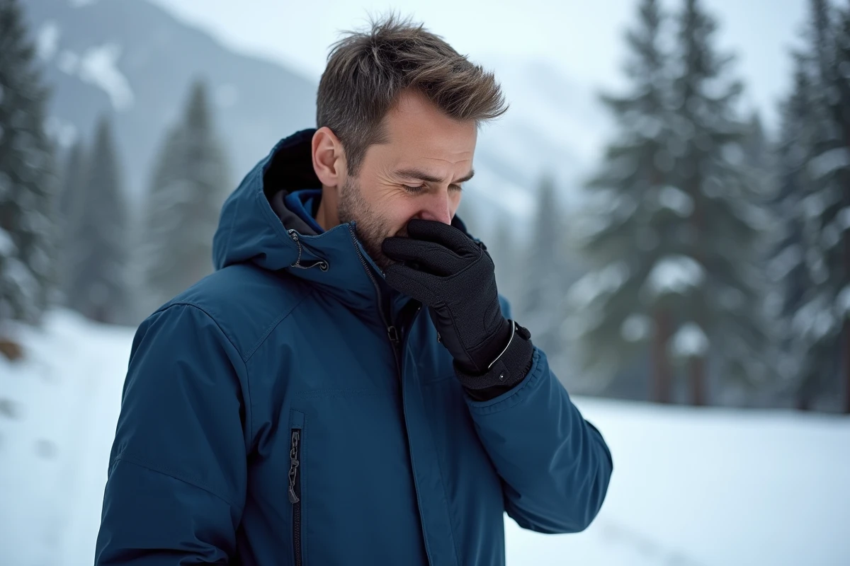 Homme en veste d'hiver et gants neigeux en forêt alpine