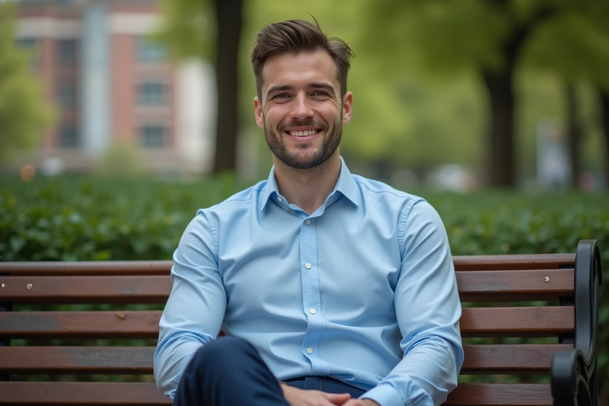Homme élégant en ville assis sur un banc en bois