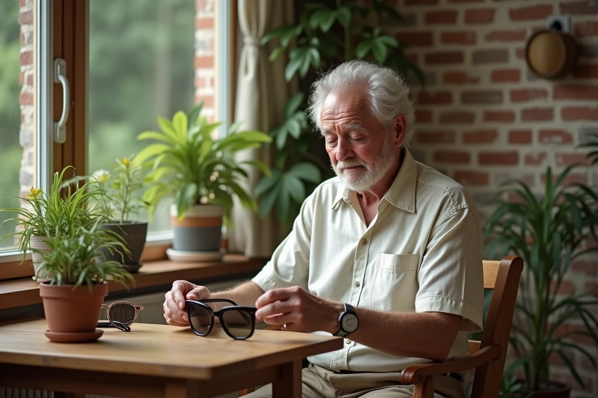 Homme âgé échangeant ses lunettes dans une véranda