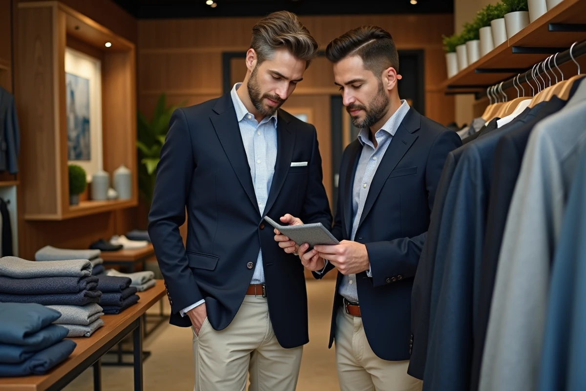 Homme d'âge moyen en blazer bleu inspectant un pull dans une boutique élégante