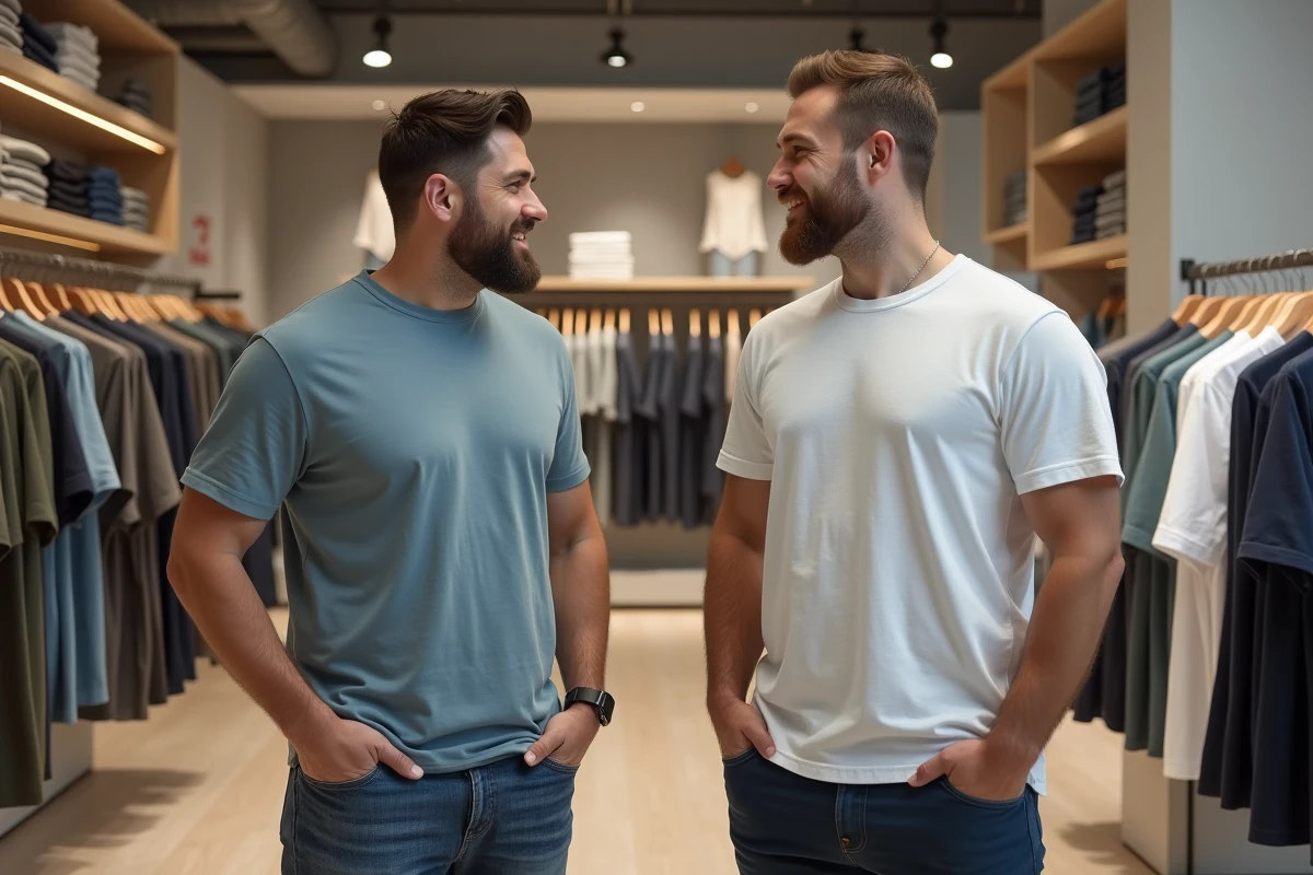 Deux hommes en tshirts XXL et 3XL dans un magasin moderne