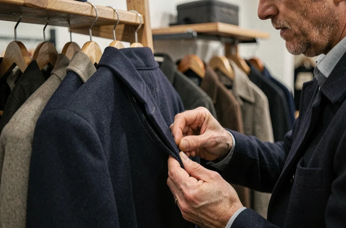 Homme inspectant les points de couture d'une poche de manteau bleu marine en boutique